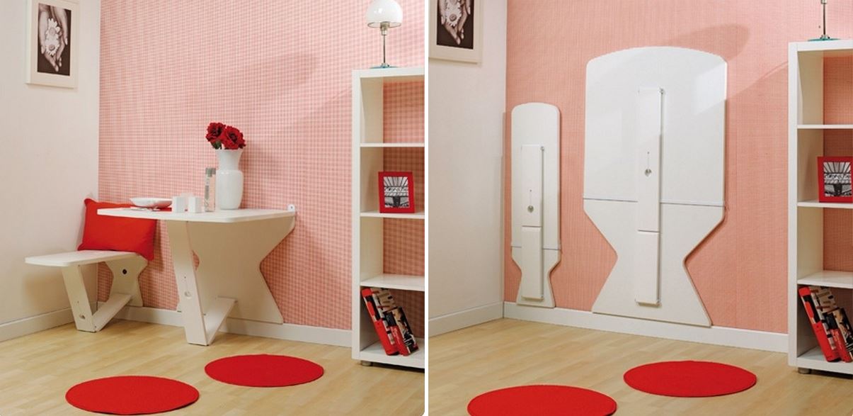 Kis konyha, lakás praktikus és helytakarékos eleme lehet egy falról lehajtható étkező asztal és kis ülőke, mely használatok kívül szinte semennyi helyet sem foglal: Kis konyha, lakás praktikus és helytakarékos eleme lehet egy falról lehajtható étkező asztal és kis ülőke, mely használatok kívül szinte semennyi helyet sem foglal: