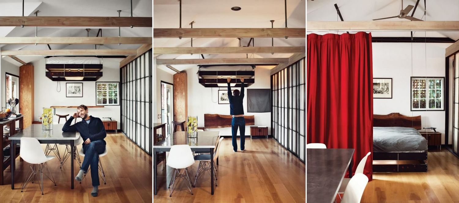 Egy kissé extrém, de annál látványosabb praktikus megoldás az ellensúlyokkal a mennyezetre felhúzható ágy, mely leengedve még függönnyel is eltakarható, felhúzva pedig nem foglal értékes helyet a kis lakásban Egy kissé extrém, de annál látványosabb praktikus megoldás az ellensúlyokkal a mennyezetre felhúzható ágy, mely leengedve még függönnyel is eltakarható, felhúzva pedig nem foglal értékes helyet a kis lakásban