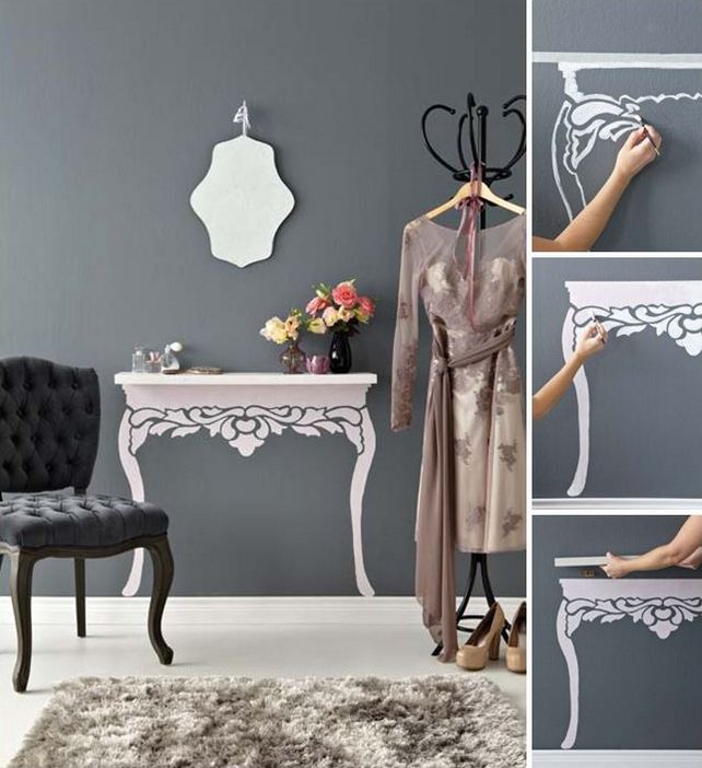 Nincs helyed egy konzolasztalhoz a fal mellett? Egy kis kreativitással egy kekeny, falra rögzített polcból vizuálisan kisasztalt varázsolhatsz az alá festett lábakkal Nincs helyed egy konzolasztalhoz a fal mellett? Egy kis kreativitással egy kekeny, falra rögzített polcból vizuálisan kisasztalt varázsolhatsz az alá festett lábakkal