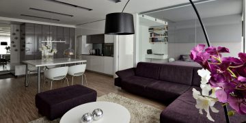 Modern, elegáns garzon - nappali, konyha, étkező, üvegfallal leválasztott háló