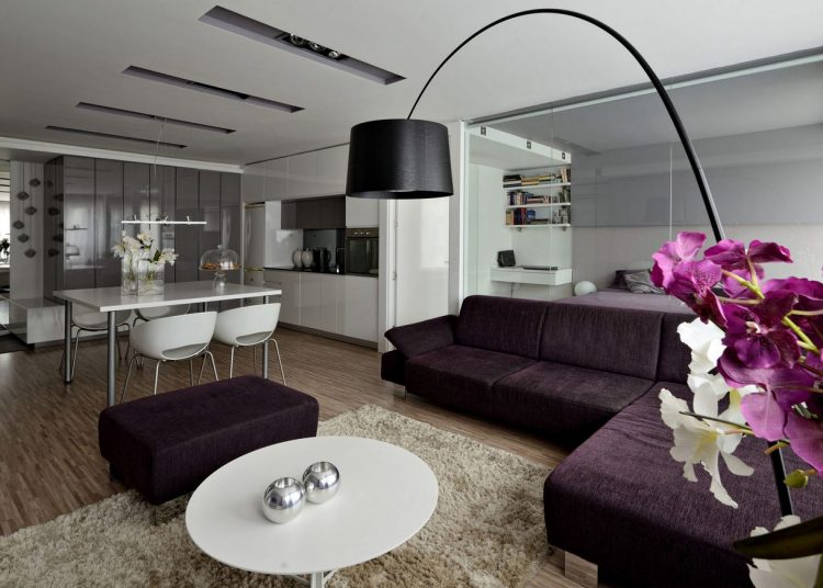 Modern, elegáns garzon - nappali, konyha, étkező, üvegfallal leválasztott háló