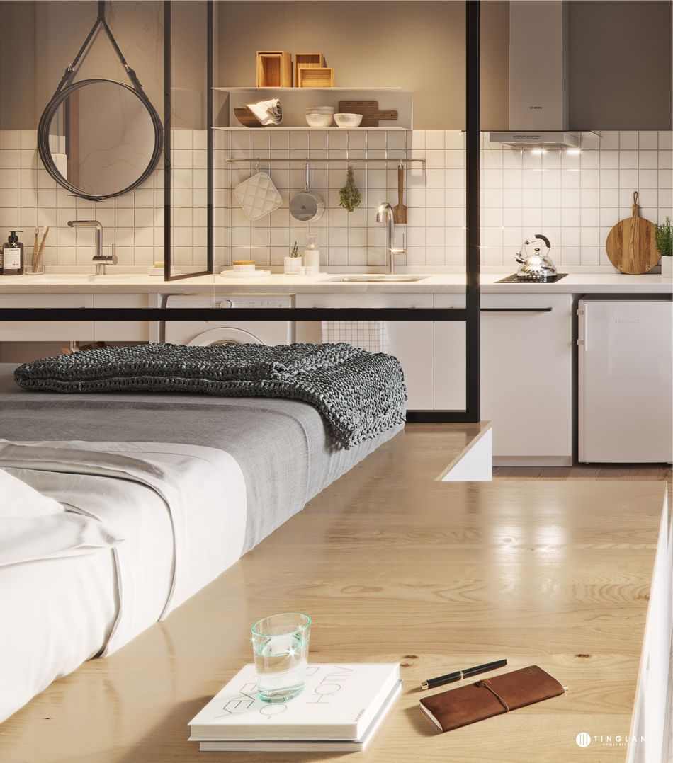 Egyszobás lakás rendkívül kreatív berendezése - játék a szintekkel, meleg, természetes fa felületek semleges alapban