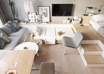 Egyszobás lakás rendkívül kreatív berendezése – játék a szintekkel, meleg, természetes fa felületek semleges alapban