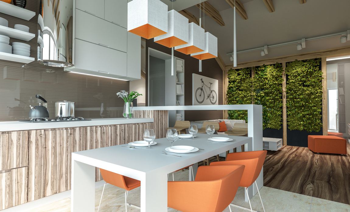 a legújabb konyhákban az élőfal jellemző, fókuszpontot teremtve a helyiségben