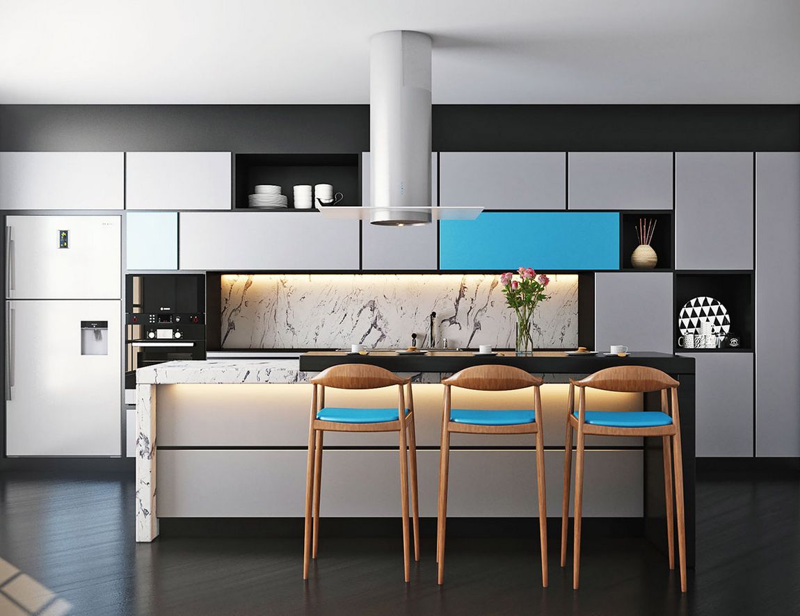 Egy kevés égszínkék a konyhabútorban és a bárszékeken, mely tökéletesen feldobja a fehér-szürke összképet.