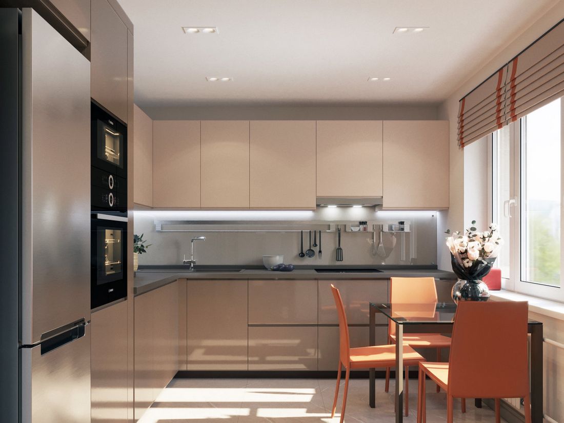 Bézs konyhabútor magasfényű frontokkal Bézs konyhabútor magasfényű frontokkal