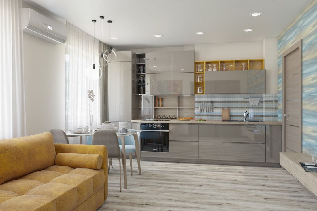 Szürke konyhabútor magasfényű frontokkal, sárga nyitott polcokkal Szürke konyhabútor magasfényű frontokkal, sárga nyitott polcokkal