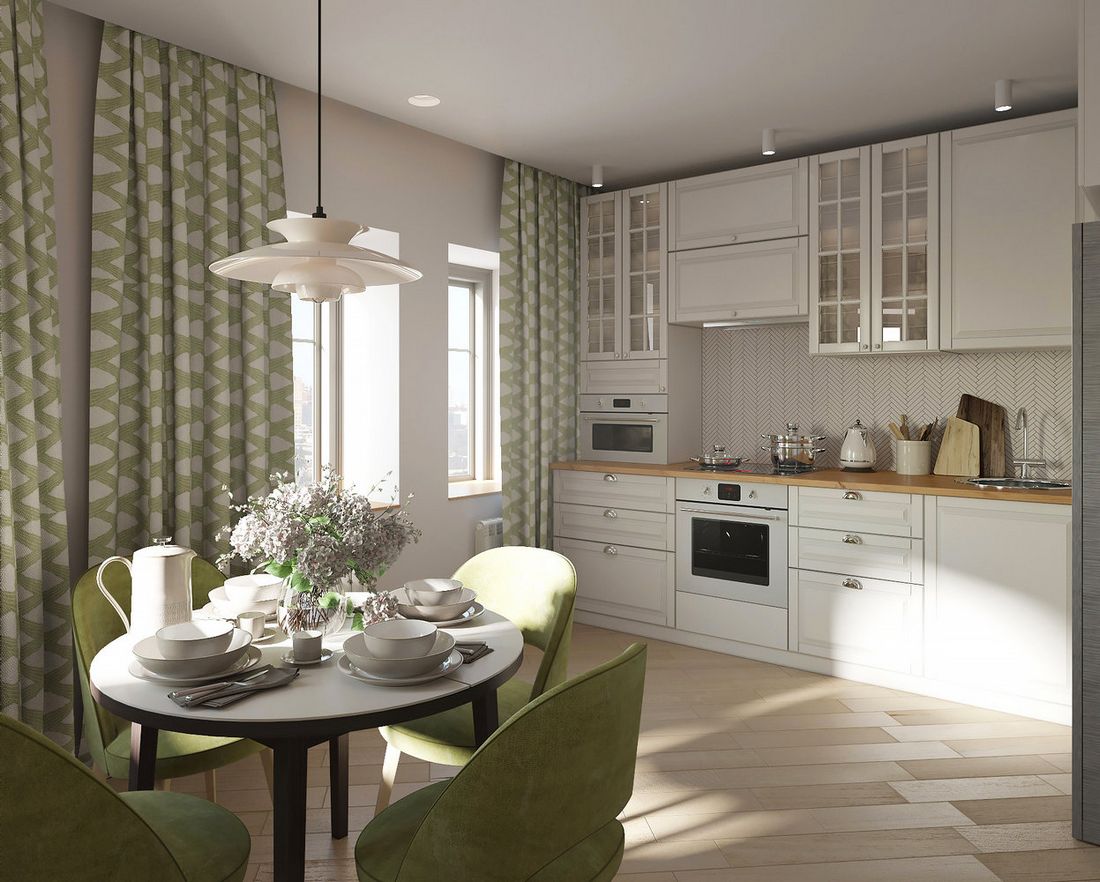 Fehér konyhabútor, zöld étkezőszékek és függönyök Fehér konyhabútor, zöld étkezőszékek és függönyök