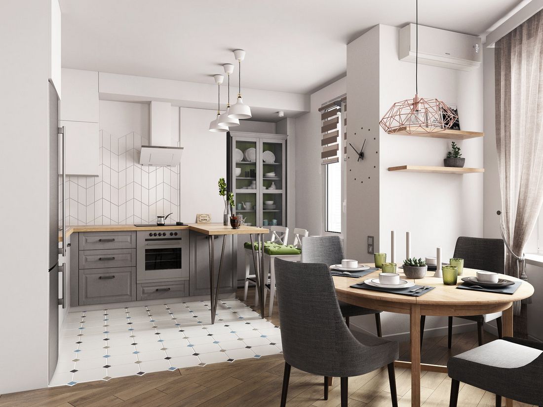 Szürke és fehér konyhabútor, szép kerámia burkolatokkal Szürke és fehér konyhabútor, szép kerámia burkolatokkal