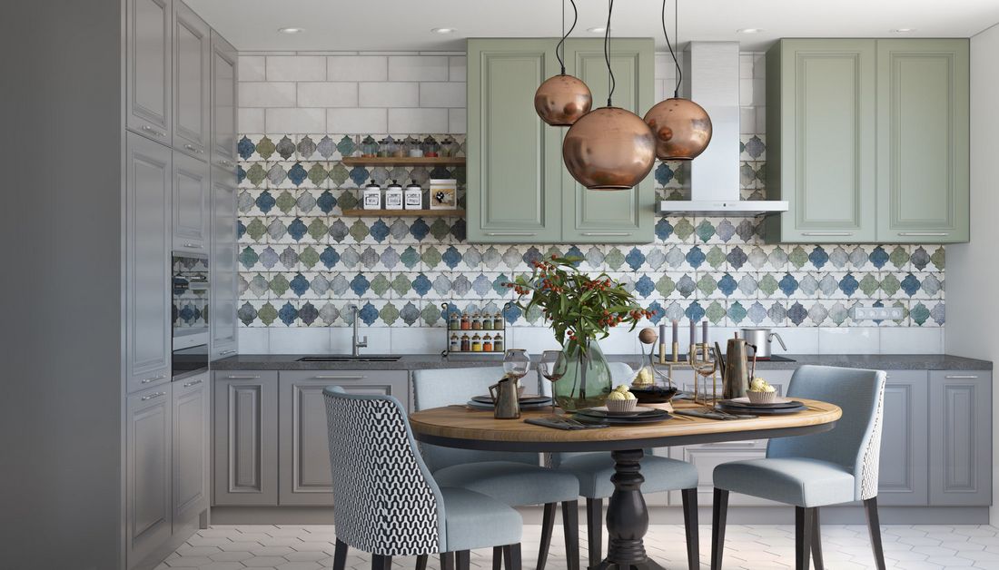 Pasztell zöld és szürke konyhaszekrények Pasztell zöld és szürke konyhaszekrények