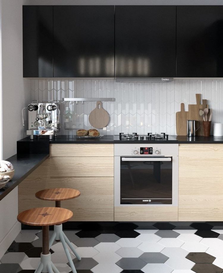 Világos fa alsó és fekete felső konyhaszekrények, fekete munkalap és pult Világos fa alsó és fekete felső konyhaszekrények, fekete munkalap és pult