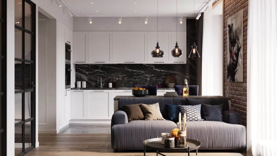 Fehér konyhabútor fekete márvány hátfallal Fehér konyhabútor fekete márvány hátfallal