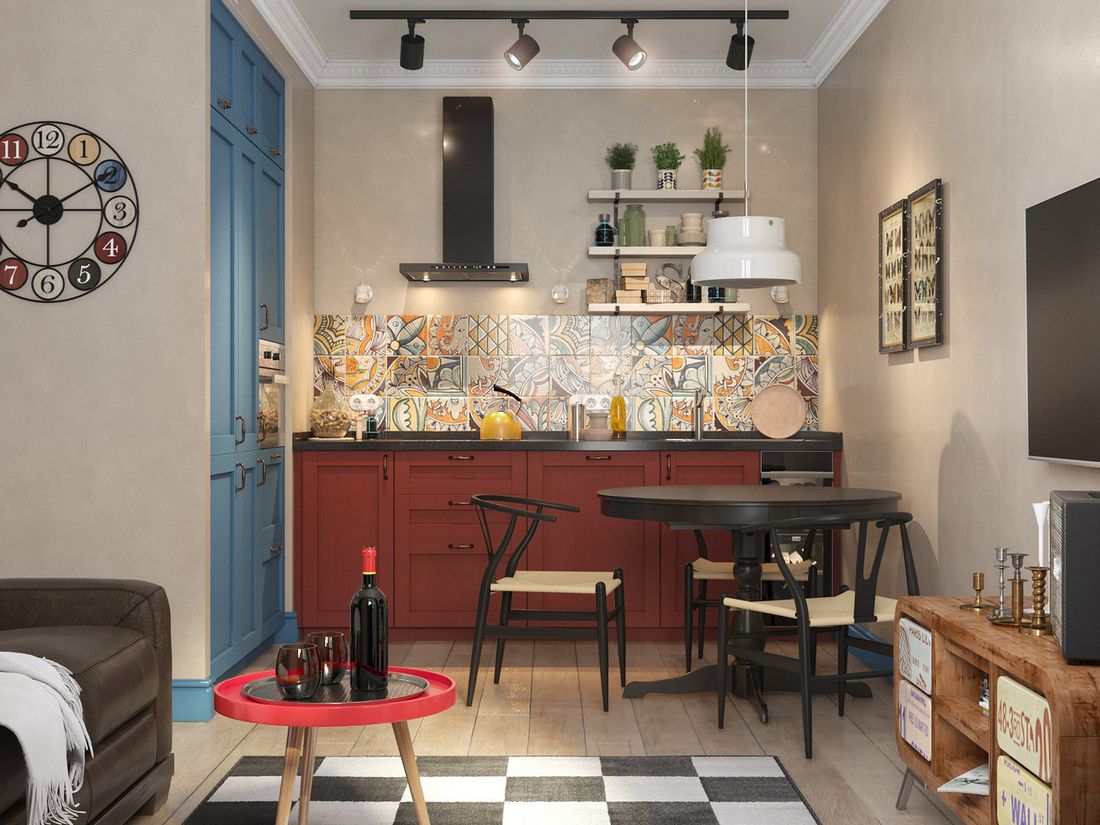 Konyhabútor terrakotta és kék frontokkal, nyitott polcokkal Konyhabútor terrakotta és kék frontokkal, nyitott polcokkal