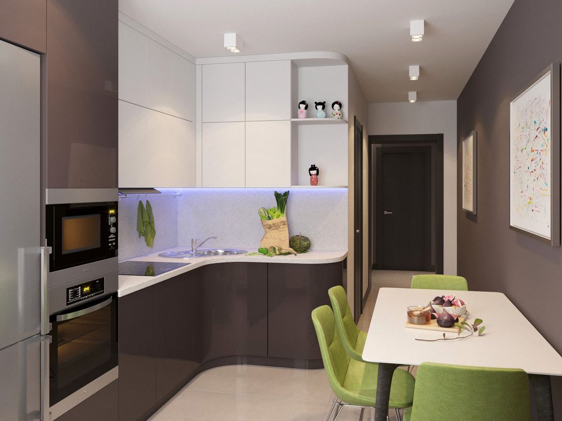 Meleg szürke és fehér konyhabútor íves sarokelemmel Meleg szürke és fehér konyhabútor íves sarokelemmel