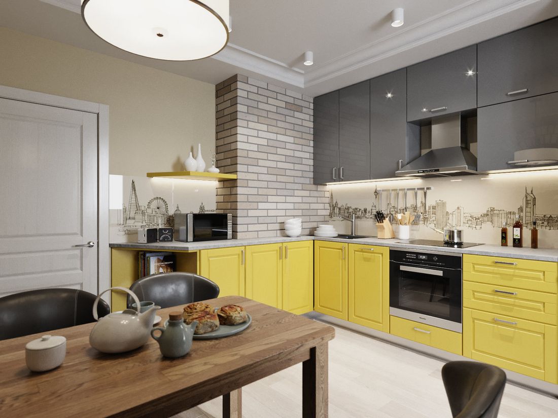Sárga alul, szürke konyhaszekrények felül, magasfényű felületetek, üveglappal fedett grafikus hátfal
