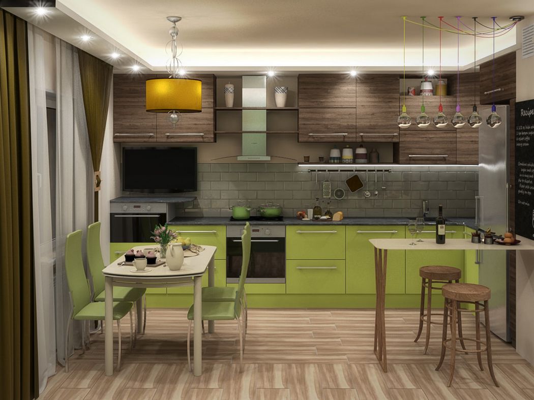 Élénk zöld szekrények alul, fa textúrás felületek felül, sötétszürke munkalap