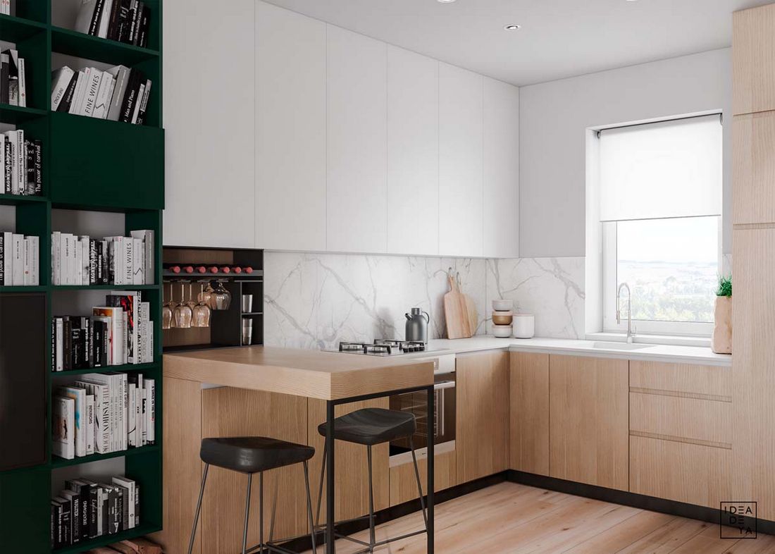 Alul fa, felül fehér konyhaszekrények, márvány mintázatú hátfal, integrált étkező pult 2 személynek