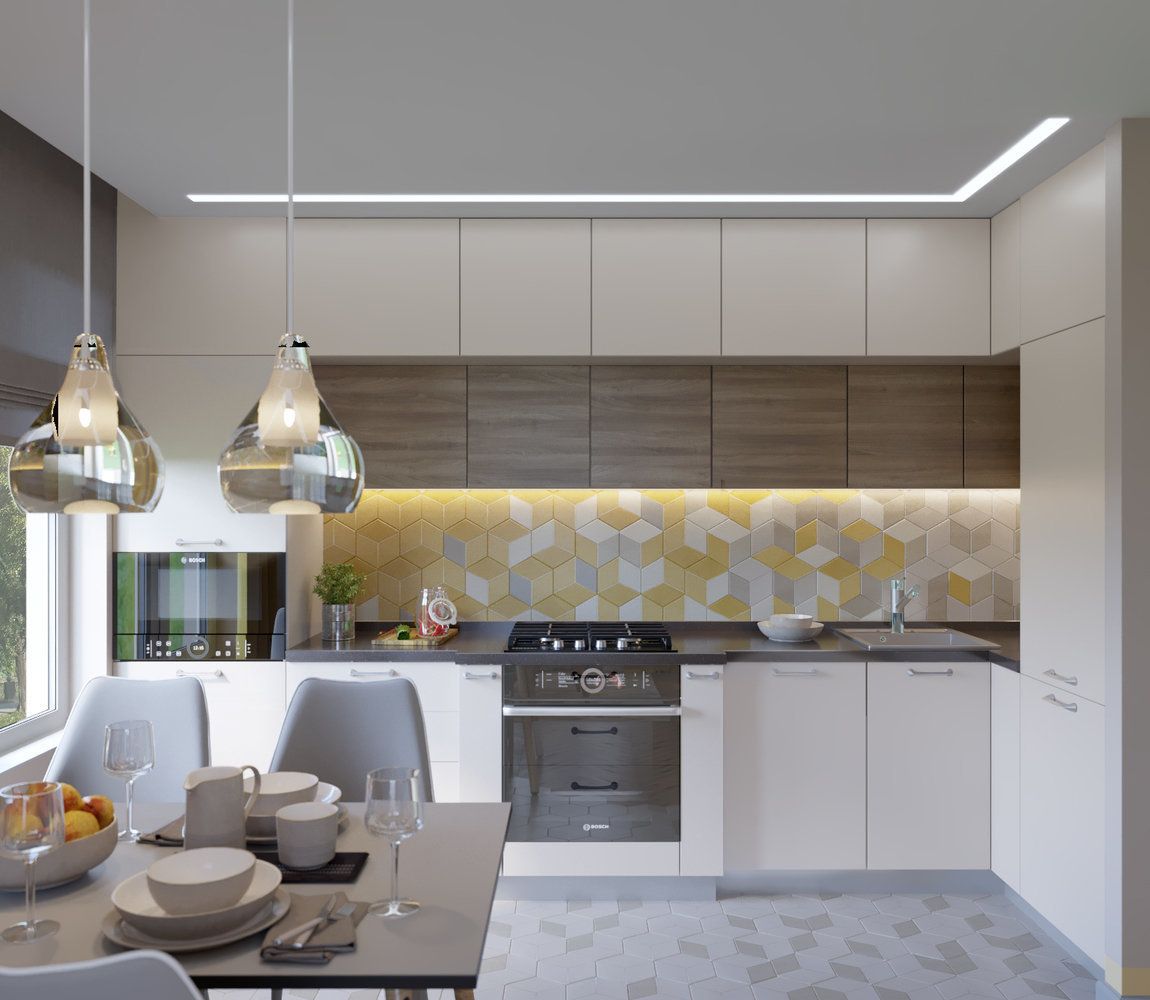 Burkolat 3D optikai hatással, geometrikus mintával a konyha hátfalon