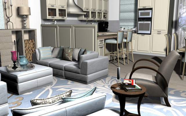 lakberendező látványterv - nappali és konyha