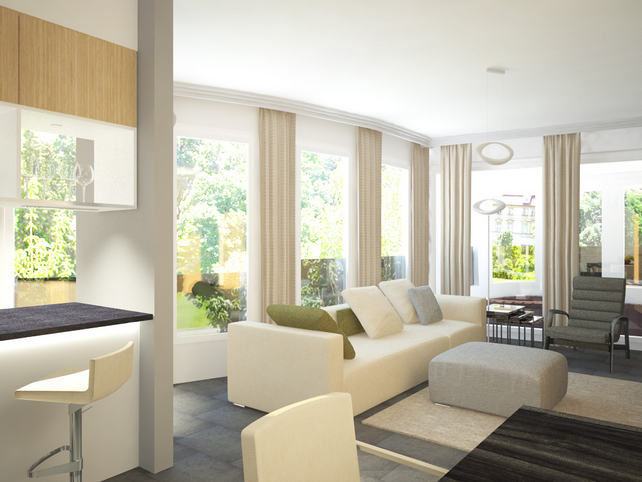 lakberendező látványterv - nappali nagy ablakokkal