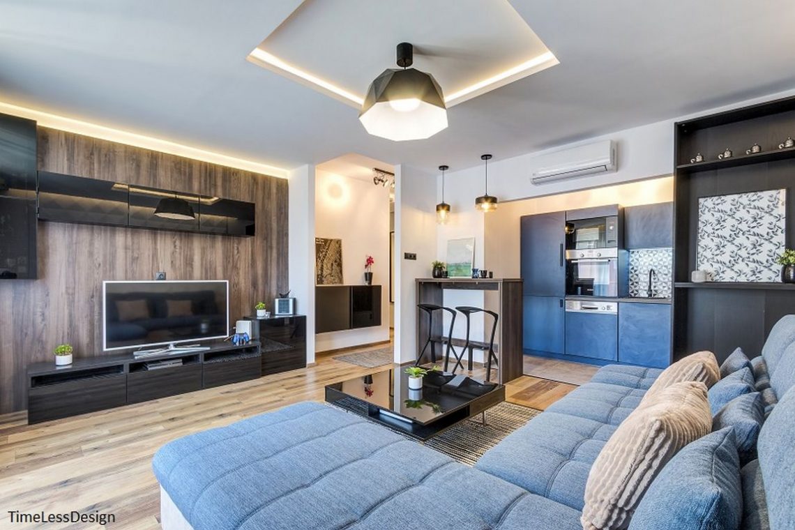 Teljes lakásfelújítás után - 52m2-es lakás Budapest 9. kerületében - kék árnyalatok, fa textúrák, férfiasra hangolt lakberendezés