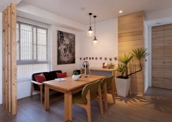 Beton és fehérre festett téglafal, semleges és természetes színek, fa - modern lakberendezés