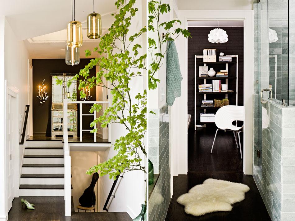 Visszafogott színpaletta, ében padlók, fehér falak, textilek és csempe a zöld különböző árnyalataival és persze zöld nővények