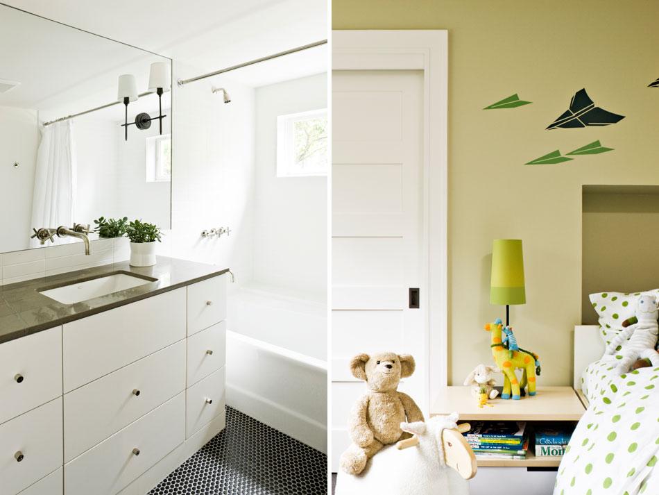 Visszafogott színpaletta, ében padlók, fehér falak, textilek és csempe a zöld különböző árnyalataival és persze zöld nővények