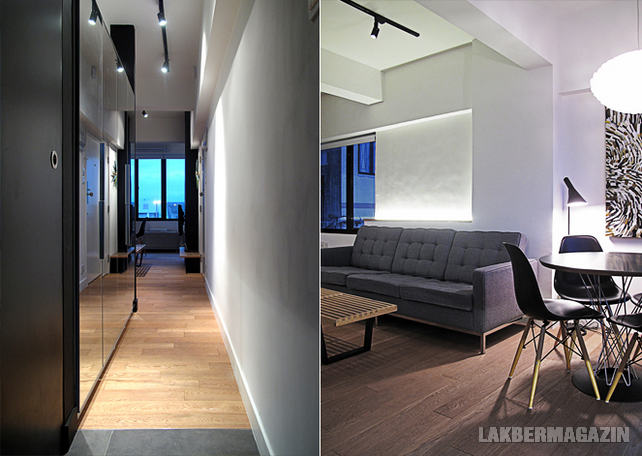 Kis 35nm-es lakás átszervezett terekkel és falakkal, hangulatos terasszal - nappali, folyosó