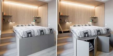 5 különböző praktikus lakberendezési ötlet egy lakásból - TV fal-gardrób blokk, egyedi polcok, megemelt ágy sok tárolóhellyel, színek, világítás