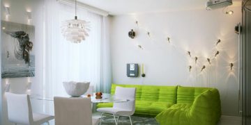 Modern kis lakás látványtervei gyönyörűen kidolgozva- nappali zöld kanapéval