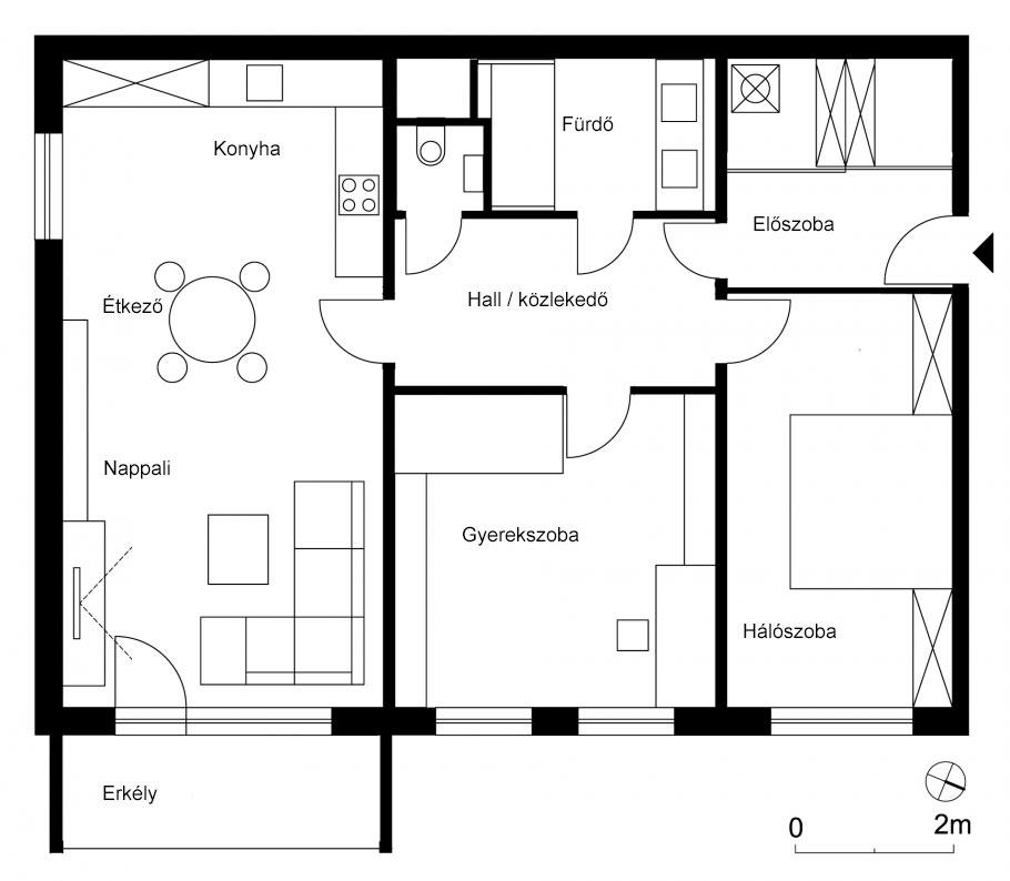 Panellakás alaprajz, a felújítás utáni állapot