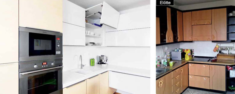Panellakás konyha a felújítás előtt és után - alvult volt és modern lett